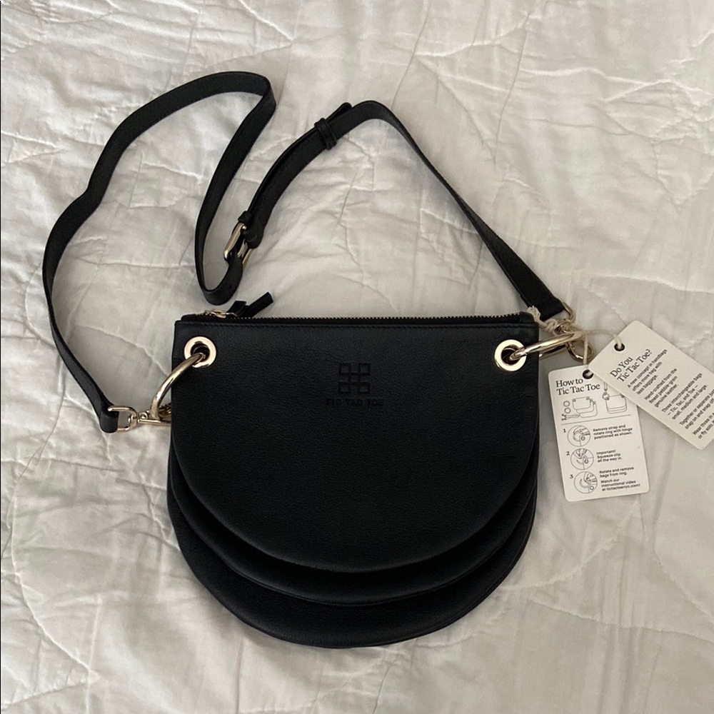 Tic Tac Toe The Moon Bag Black Crossbody NWT Genuine Leather Adjustable Strap